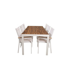 Bois tuinmeubelset tafel 90x205cm en 6 stoel Texas wit, naturel.