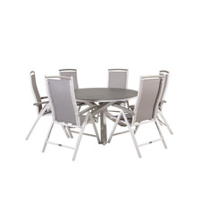 Copacabana tuinmeubelset tafel Ã˜140cm en 6 stoel 5pos Albany wit, grijs, crÃ¨mekleur.