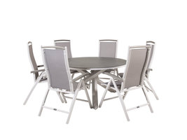 Copacabana tuinmeubelset tafel Ã˜140cm en 6 stoel 5pos Albany wit, grijs, crÃ¨mekleur.