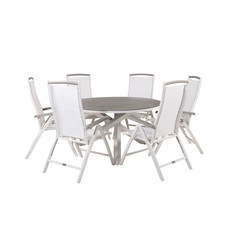Copacabana tuinmeubelset tafel Ø140cm en 6 stoel 5posalu Albany wit, grijs, crèmekleur.