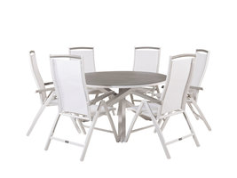 Copacabana tuinmeubelset tafel Ã˜140cm en 6 stoel 5posalu Albany wit, grijs, crÃ¨mekleur.