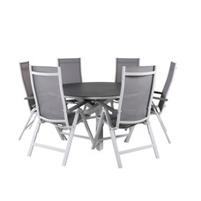 Copacabana tuinmeubelset tafel Ã˜140cm en 6 stoel L5pos Albany wit, grijs, crÃ¨mekleur.