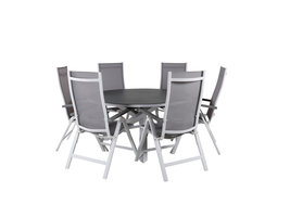Copacabana tuinmeubelset tafel Ã˜140cm en 6 stoel L5pos Albany wit, grijs, crÃ¨mekleur.