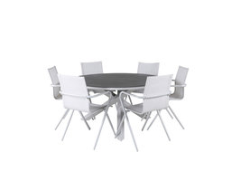 Copacabana tuinmeubelset tafel Ã˜140cm en 6 stoel Alina wit, grijs, crÃ¨mekleur.