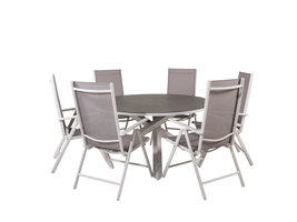 Copacabana tuinmeubelset tafel Ø140cm en 6 stoel Break wit, grijs, crèmekleur.