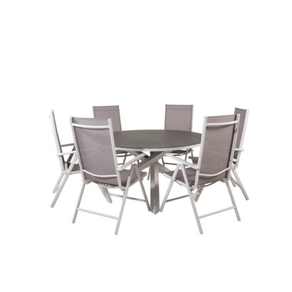 Copacabana tuinmeubelset tafel Ø140cm en 6 stoel Break wit, grijs, crèmekleur.