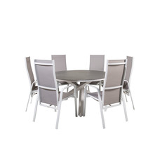 Copacabana tuinmeubelset tafel Ã˜140cm en 6 stoel rec Copacabana wit, grijs, crÃ¨mekleur.