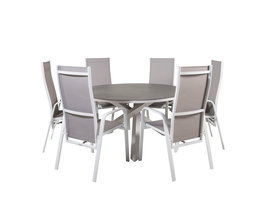 Copacabana tuinmeubelset tafel Ã˜140cm en 6 stoel rec Copacabana wit, grijs, crÃ¨mekleur.