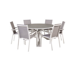 Copacabana tuinmeubelset tafel Ø140cm en 6 stoel Parma wit, grijs, crèmekleur.