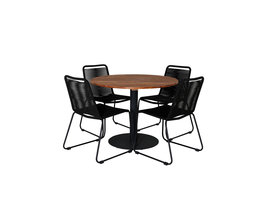 Cot tuinmeubelset tafel Ø100cm en 4 stoel stapelS Lindos zwart, naturel.