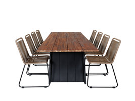 Doory tuinmeubelset tafel 100x250cm en 8 stoel stapelL Lindos zwart, naturel.