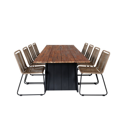 Doory tuinmeubelset tafel 100x250cm en 8 stoel stapelL Lindos zwart, naturel.