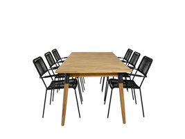 Julian tuinmeubelset tafel 100x210cm en 6 stoel armleuning Lindos zwart, naturel.