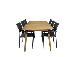 Julian tuinmeubelset tafel 100x210cm en 6 stoel Santorini zwart, naturel.