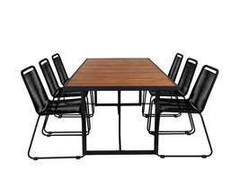 Khung tuinmeubelset tafel 100x200cm en 6 stoel stapel Lindos zwart, naturel.