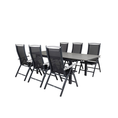Levels tuinmeubelset tafel 100x160/240cm en 6 stoel 5pos Albany zwart, grijs.
