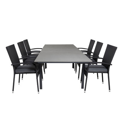 Levels tuinmeubelset tafel 100x160/240cm en 6 stoel Anna zwart, grijs.