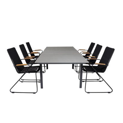 Levels tuinmeubelset tafel 100x160/240cm en 6 stoel armleuning Bois zwart, grijs.