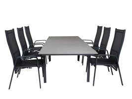 Levels tuinmeubelset tafel 100x160/240cm en 6 stoel Copacabana zwart, grijs.