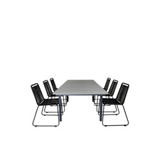 Levels tuinmeubelset tafel 100x160/240cm en 6 stoel stapel Lindos zwart, grijs.