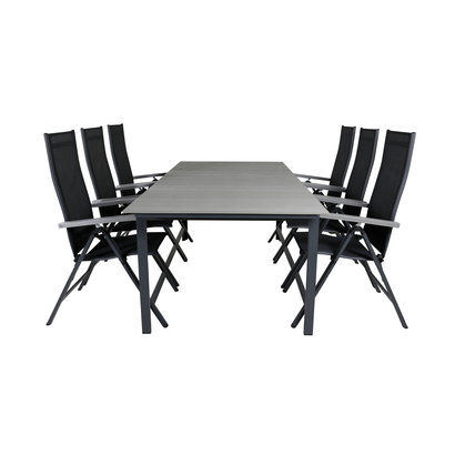 Levels tuinmeubelset tafel 100x229/310cm en 6 stoel Albany zwart, grijs.