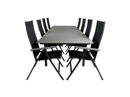 Levels tuinmeubelset tafel 100x229/310cm en 8 stoel Albany zwart, grijs.