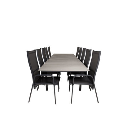 Levels tuinmeubelset tafel 100x229/310cm en 10 stoel Copacabana zwart, grijs.