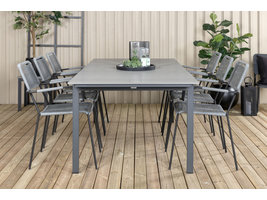 Levels tuinmeubelset tafel 100x229/310cm en 6 stoel armleuning Lindos zwart, grijs.