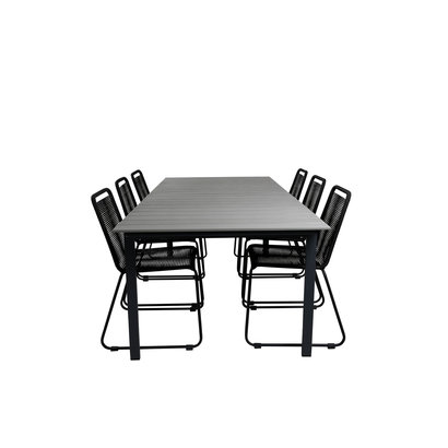 Levels tuinmeubelset tafel 100x229/310cm en 6 stoel stapel Lindos zwart, grijs.
