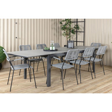 Levels tuinmeubelset tafel 100x229/310cm en 8 stoel armleuning Lindos zwart, grijs.