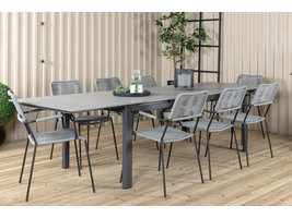 Levels tuinmeubelset tafel 100x229/310cm en 8 stoel armleuning Lindos zwart, grijs.