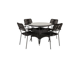 Volta tuinmeubelset tafel Ø90cm en 4 stoel armleuningS Lindos zwart.