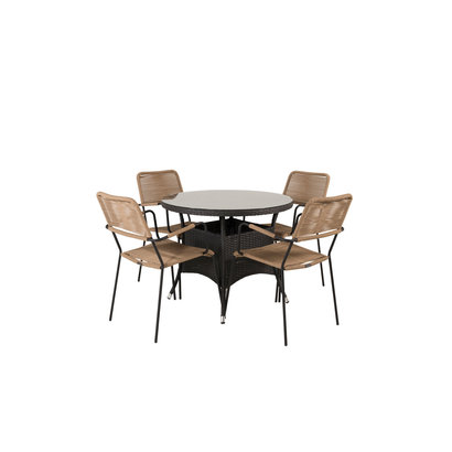 Volta tuinmeubelset tafel Ã˜90cm en 4 stoel armleuningL Lindos zwart.