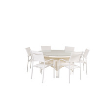 Volta tuinmeubelset tafel Ã˜150cm en 6 stoel Santorini wit.