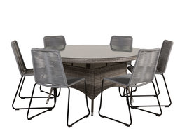 Volta tuinmeubelset tafel Ã˜150cm en 6 stoel Lindos zwart, grijs.
