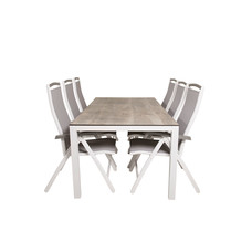 Llama tuinmeubelset tafel 100x205cm en 6 stoel 5pos Albany wit, grijs, crÃ¨mekleur.