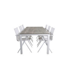 Llama tuinmeubelset tafel 100x205cm en 6 stoel Alina wit, grijs, crÃ¨mekleur.