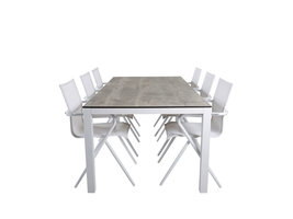 Llama tuinmeubelset tafel 100x205cm en 6 stoel Alina wit, grijs, crèmekleur.