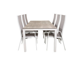 Llama tuinmeubelset tafel 100x205cm en 6 stoel Copacabana wit, grijs, crèmekleur.