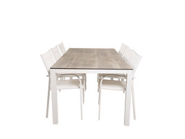 Llama tuinmeubelset tafel 100x205cm en 6 stoel Santorini wit, grijs, crèmekleur.