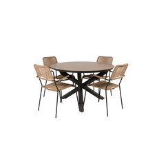 Llama tuinmeubelset tafel Ã˜120cm en 4 stoel armleuningL  Lindos zwart, bruin.