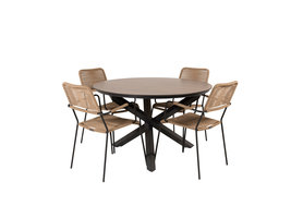 Llama tuinmeubelset tafel Ø120cm en 4 stoel armleuningL  Lindos zwart, bruin.