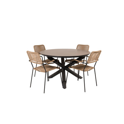 Llama tuinmeubelset tafel Ã˜120cm en 4 stoel armleuningL  Lindos zwart, bruin.