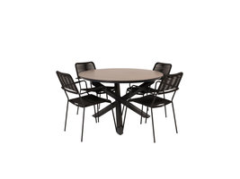 Llama tuinmeubelset tafel Ã˜120cm en 4 stoel armleuningS Lindos zwart, bruin.