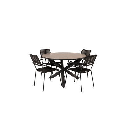 Llama tuinmeubelset tafel Ø120cm en 4 stoel armleuningS Lindos zwart, bruin.