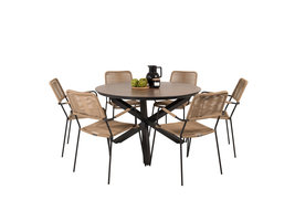 Llama tuinmeubelset tafel Ã˜120cm en 6 stoel armleuningL Lindos zwart, bruin.