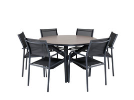 Llama tuinmeubelset tafel Ã˜120cm en 6 stoel Santorini zwart, bruin.