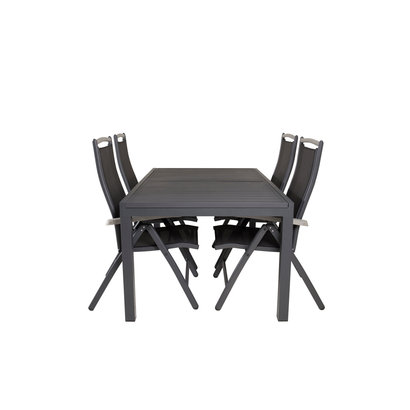 Marbella tuinmeubelset tafel 100x160/240cm en 4 stoel 5pos Albany zwart.