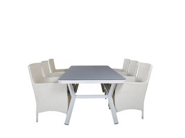 Virya tuinmeubelset tafel 100x200cm en 6 stoel Malin wit, grijs.
