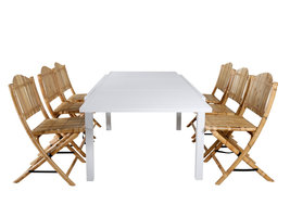 Marbella tuinmeubelset tafel 100x160/240cm en 6 stoel Cane lichtgrijs, naturel, wit.